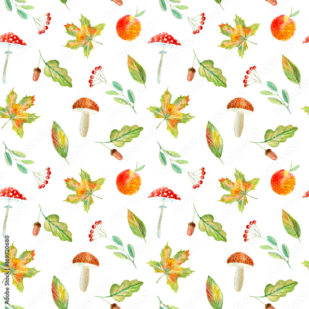 Seamless pattern of a rowan, floral, basket, berries,maple,boletus, apple and agaric. Autumn picture. Watercolor hand drawn illustration.White background. Seamless pattern of a rowan, floral, basket, berries,maple,boletus, apple and agaric. Autumn picture. Watercolor hand drawn illustration.White background.