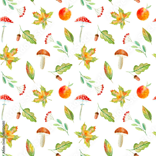 Seamless pattern of a rowan  floral  basket  berries maple boletus  apple and agaric. Autumn picture. Watercolor hand drawn illustration.White background.