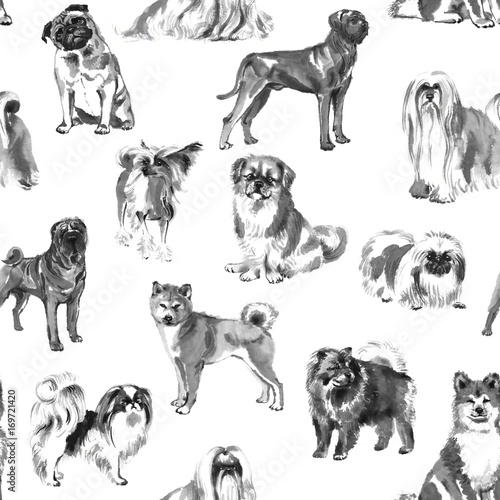 Seamless pattern with oriental dogs, handmade ink painting, on white background. Chinese zodiac background. Textile design.
