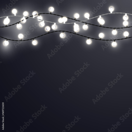White Christmas incandescent light strings on the dark gray background. Vector outdoor patio lights.