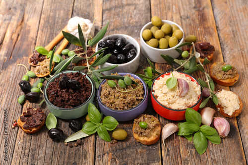 assortment of tapenade and dips