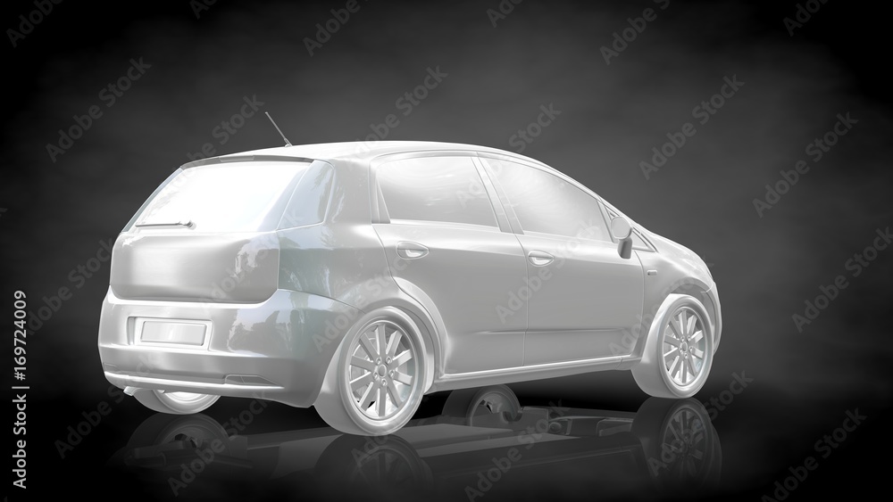 3d rendering of a white reflective car on a dark black background