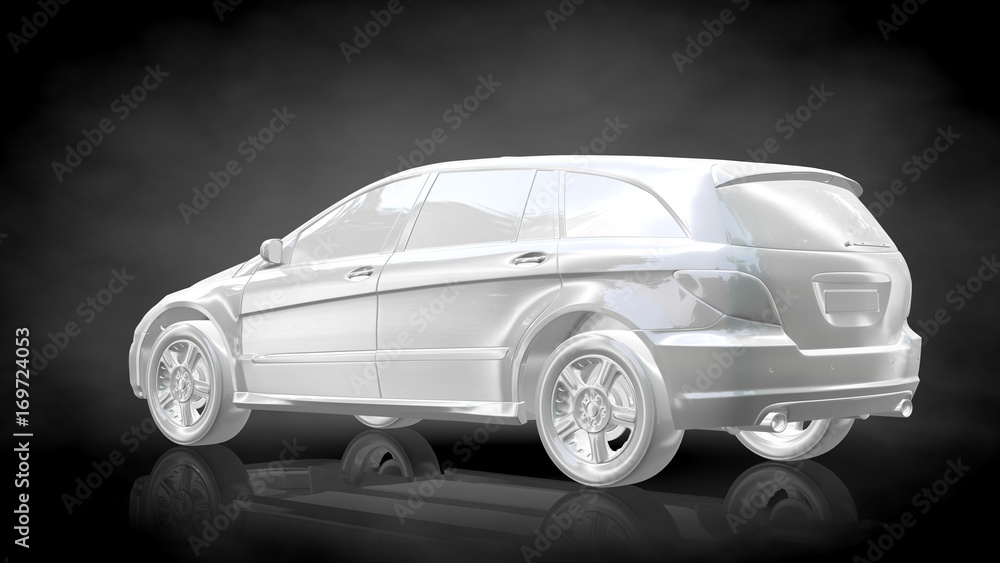 3d rendering of a white reflective car on a dark black background