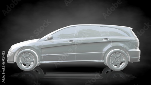 3d rendering of a white reflective car on a dark black background