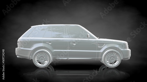 3d rendering of a white reflective car on a dark black background