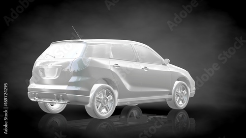 3d rendering of a white reflective car on a dark black background