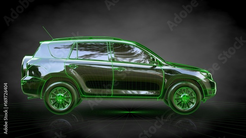 3d rendering of a car with green outlined stroke on a balck background