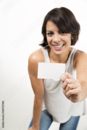 Beautiful Woman  Holding A Business Card
