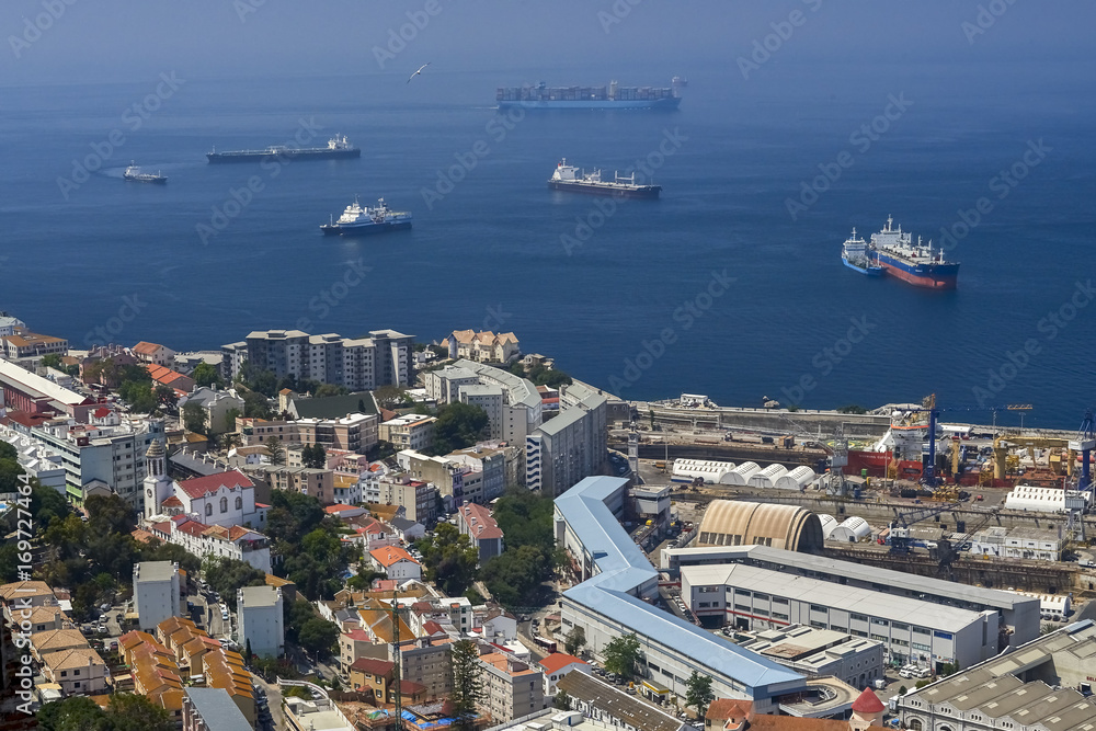 Aerial view of Gibraltar, its marina and the Mediterranean sea as seen from the Rock of Gibraltar