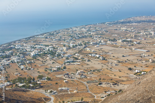 Aerial view town Perissa to Kamari in Santorini Greece