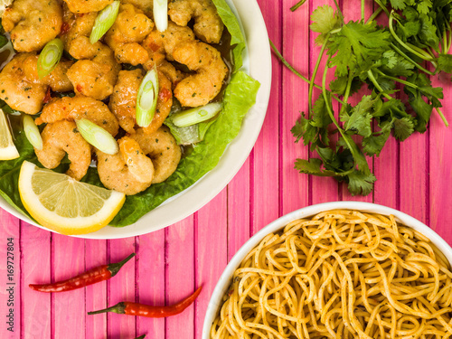 Crispy Deep Fried Prawns With Sweet Chilli Sauce and Noodles