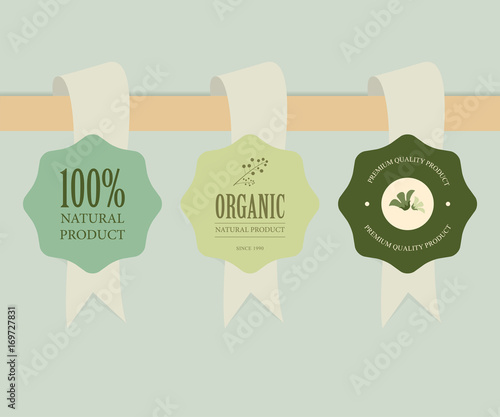 set of natural label and organic tag green color. vintage label and badges design.