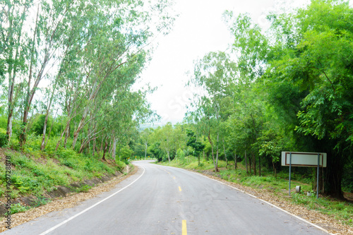 Landscape of empty asphalt curved road through the green forest with line for direction on the way. country road in thailand. road trip, route to success, travel or endeavor abstract concept.