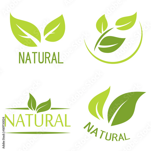 Set of labels, logos with text. Natural, eco food. Organic food badges in vector (cosmetic, food). Natural logos with leaves.