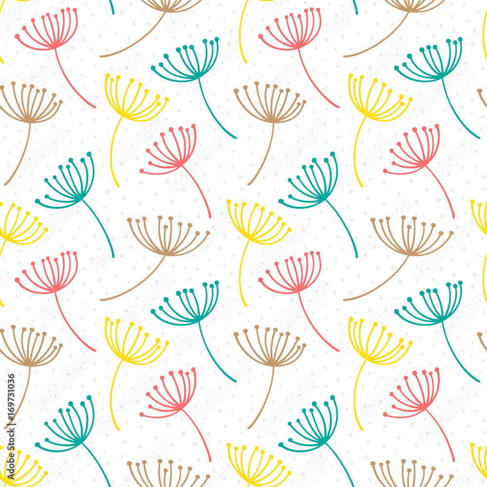 Fototapeta premium Hand drawn pattern with decorative dandelion seeds. Stylized colorful branches. Summer spring background, nature collection. Vector illustration