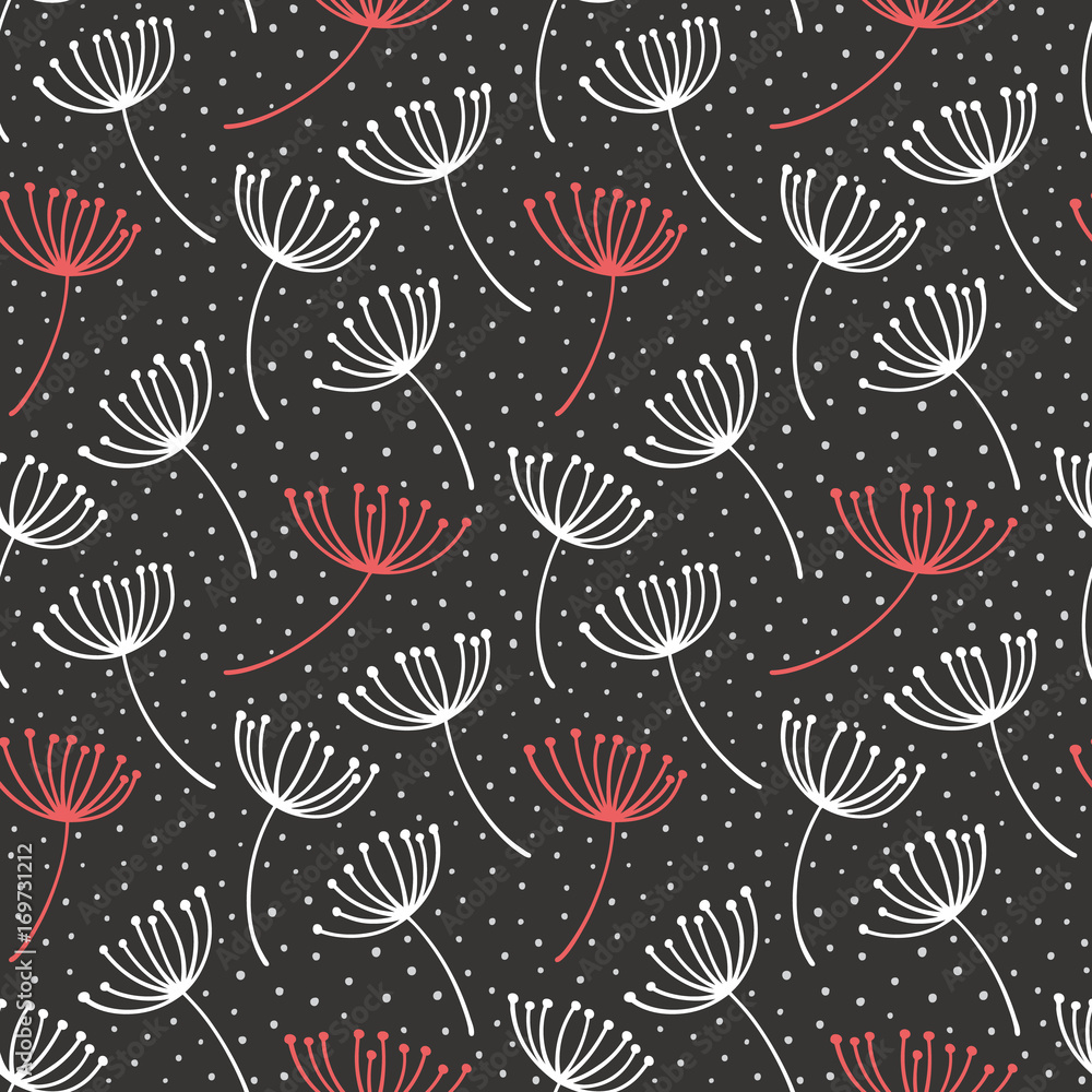 Fototapeta premium Hand drawn pattern with decorative dandelion seeds. Stylized colorful branches. Summer spring background, nature collection. Vector illustration