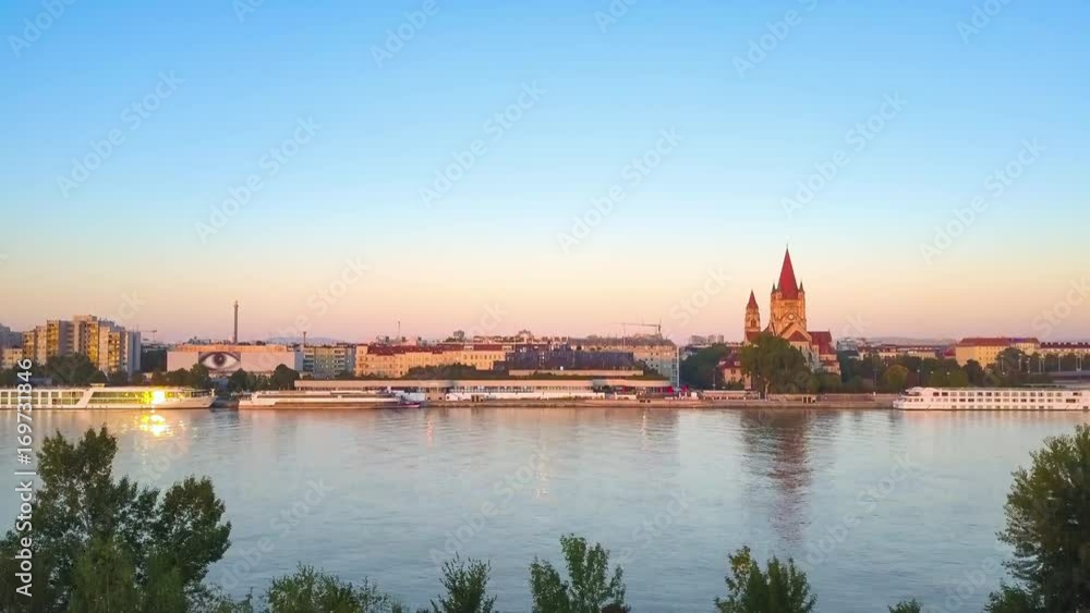 vienna aerial view at sunrise flying up on danube river vienna aerial view at sunrise flying up on danube river
