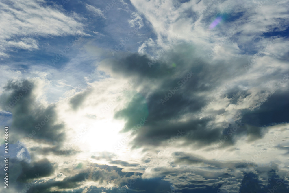 dramatic beautiful sky with cloud and sun when dusk