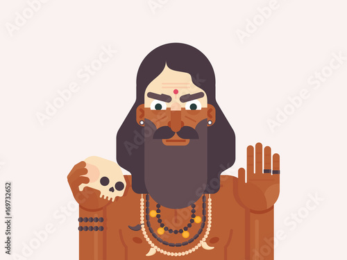 Holy Men of India. Cartoon character of an Holy Sadhu man with traditional painted face. Monk practicing Shaivism. Flat vector illustration