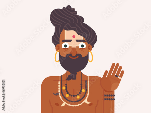 funny cartoon Indian young monk. Holy Sadhu. Indian wandering monk flat vector illustration