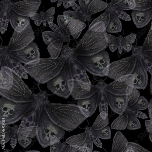Watercolor drawing of a butterfly night butterfly, a terrible butterfly on a Halloween holiday with a skull on its wings and bones, a wrist of a skeleton, a furry butterfly on a white background