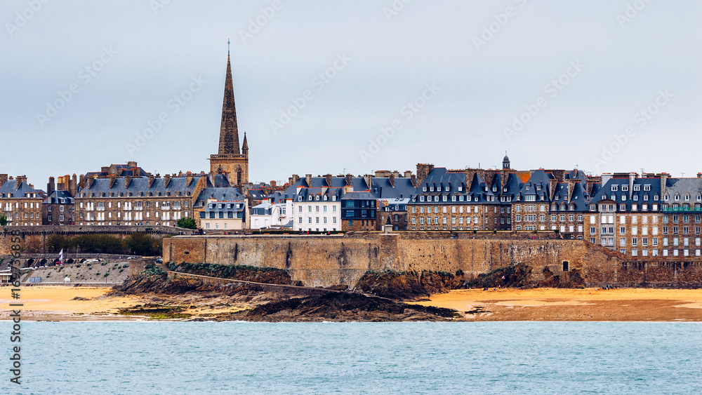Saint Malo beach, Fort National during Low Tide. Brittany, France, Europe.