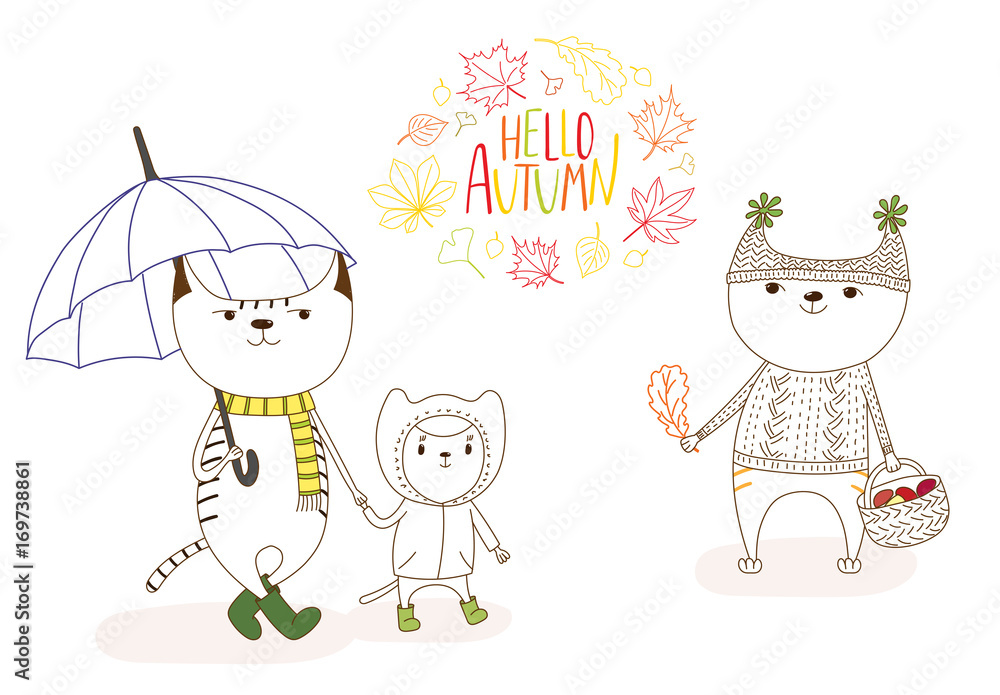 Hand drawn vector illustration of cute cats, with umbrella, basket with mushrooms, in a raincoat, wreath of leaves and text Hello Autumn Hand drawn vector illustration of cute cats, with umbrella, basket with mushrooms, in a raincoat, wreath of leaves and text Hello Autumn