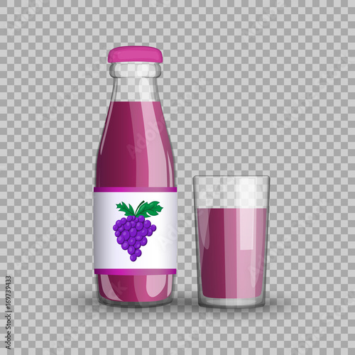 Grape juice in a transparent glass bottle isolated in a glass cup on transparent background Vector illustration