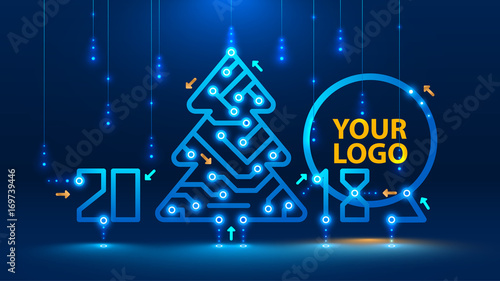 Template new year and Christmas cards in the style of new technologies. Christmas tree, 2018 year on the printed circuit Board. Snowfall and snow flakes from the electronic pulses and signals. VECTOR