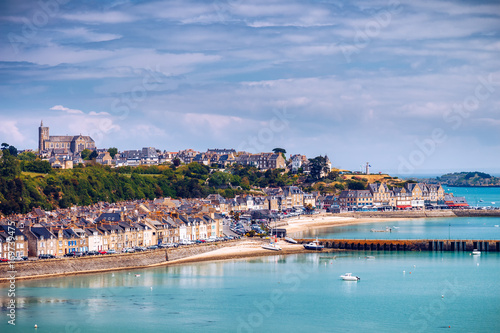 Panoramic view of Cancale, located on the coast of the Atlantic Ocean on the Baie du Mont Saint Michel, in the Brittany region of Western France