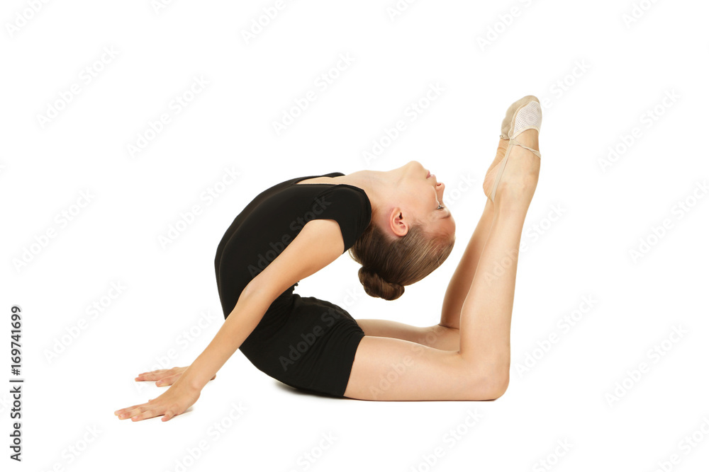 Young girl gymnast on white background