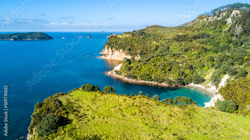 Aerial view on a cliff on a sunny beach with farmland on the background. Coromandel peninsula, New Zealand.