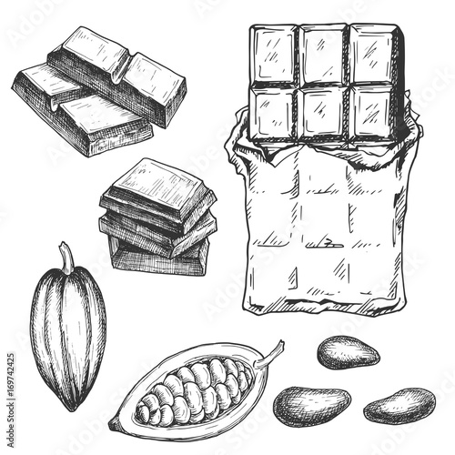 Hand drawn chocolate bar and cacao beans, black and white draft sketch isolated on white background. Vintage vector food illustration.