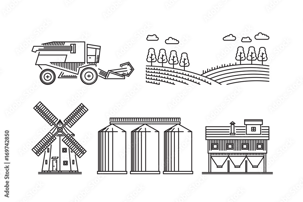 The set of elements of agriculture for growing cereals, wheat, rye. Vector icons on the theme of farming and growing grain for flour production isolated on white background.
