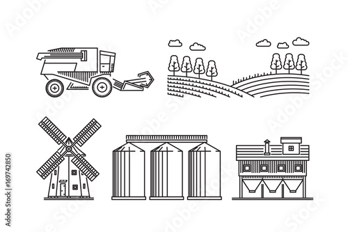 The set of elements of agriculture for growing cereals, wheat, rye. Vector icons on the theme of farming and growing grain for flour production isolated on white background.