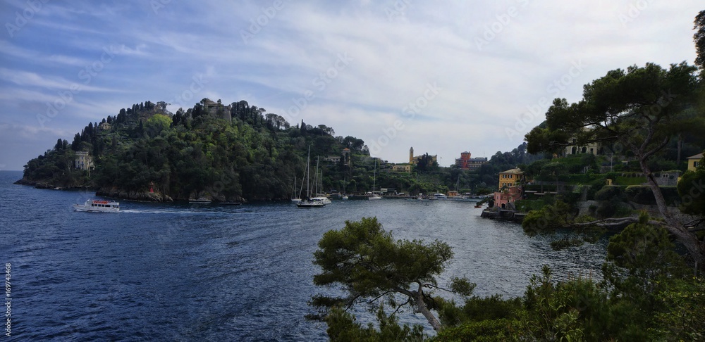 Coastline view of suburban district of Portofino, Portofino is one of the most  famous holiday resort. Liguria region, Italy