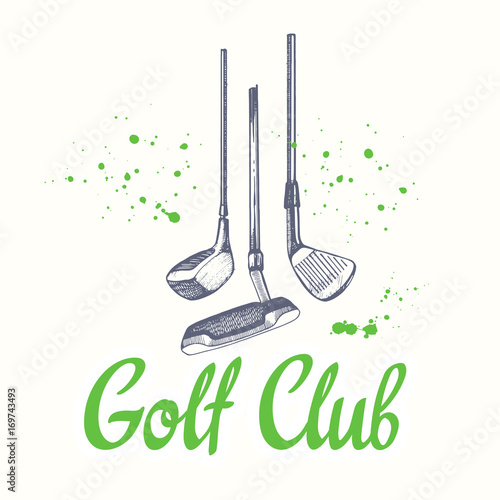 Golf. Vector set of hand-drawn sports equipment. Illustration in sketch style on white background. Brush calligraphy elements for your design. Handwritten ink lettering.