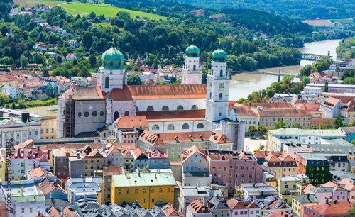 aerial of Passau cathedral at danube river photo