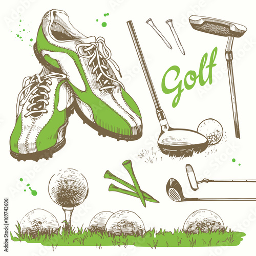 Golf set with basket, shoes, putter, ball, gloves, bag. Vector set of hand-drawn sports equipment. Illustration in sketch style on white background. Handwritten ink lettering.