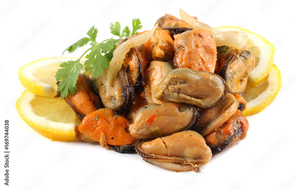 marinated mussels isolated on white background marinated mussels isolated on white background
