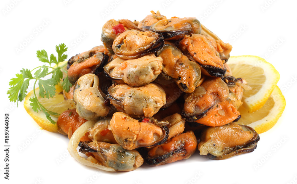 marinated mussels isolated on white background marinated mussels isolated on white background