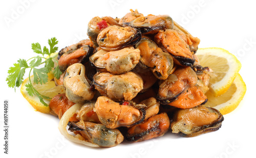 marinated mussels isolated on white background