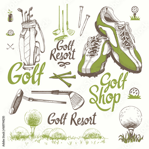Golf set with basket, shoes, putter, ball, gloves, bag. Vector set of hand-drawn sports equipment. Illustration in sketch style on white background. Handwritten ink lettering.