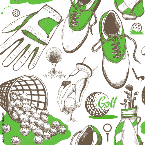 Seamless golf pattern with basket, shoes, car, putter, ball, gloves, bag. Vector set of hand-drawn sports equipment. Illustration in sketch style on white background.