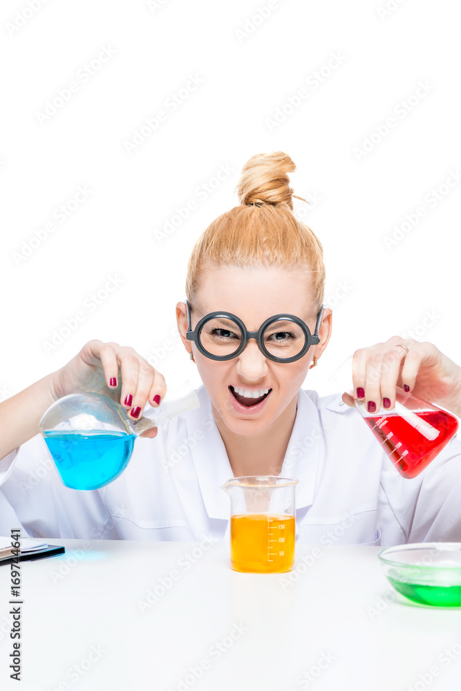 crazy comedian lab assistant chemist with multi-colored test tubes smiling crazy comedian lab assistant chemist with multi-colored test tubes smiling