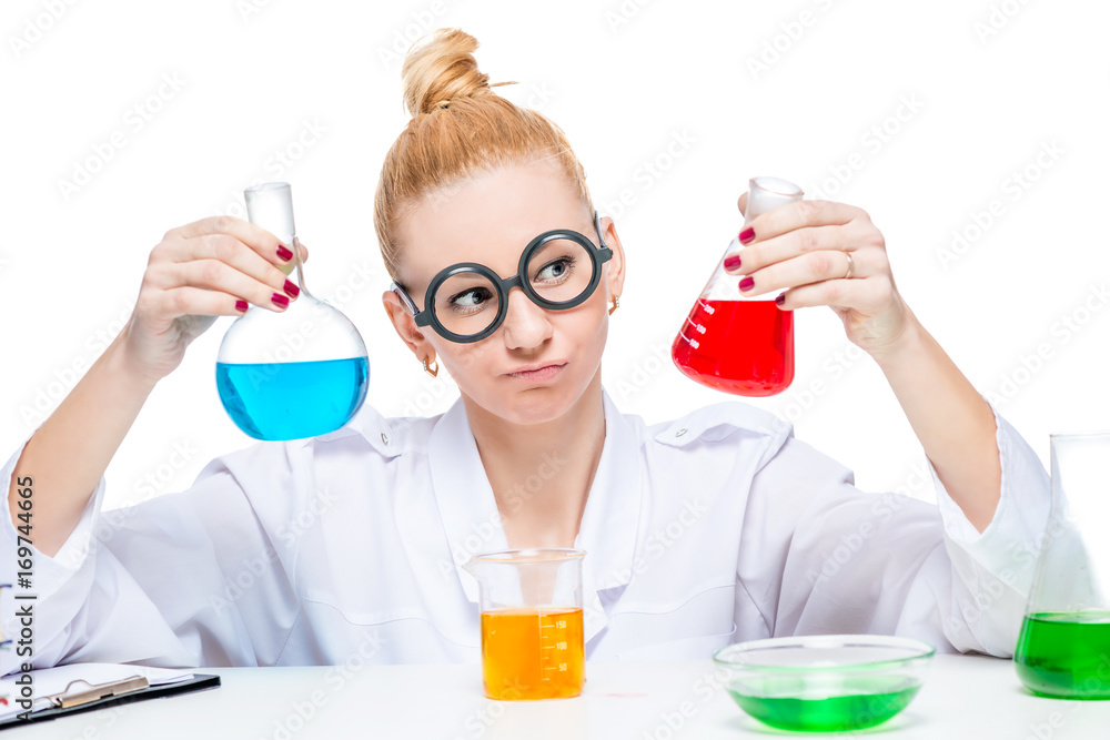 Crazy chemist with test tubes in hands, portrait isolated Crazy chemist with test tubes in hands, portrait isolated