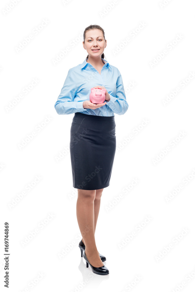 Portrait of businesswoman isolated on white background with piggy bank in hands Portrait of businesswoman isolated on white background with piggy bank in hands
