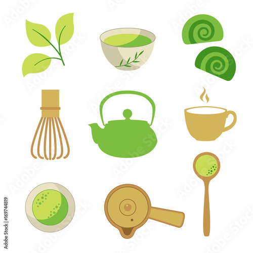 Japanese ethnic and national tea ceremony. Matcha icons set. Traditions of teatime. Decorative elements for your design. Vector Illustration with party symbols on white background.