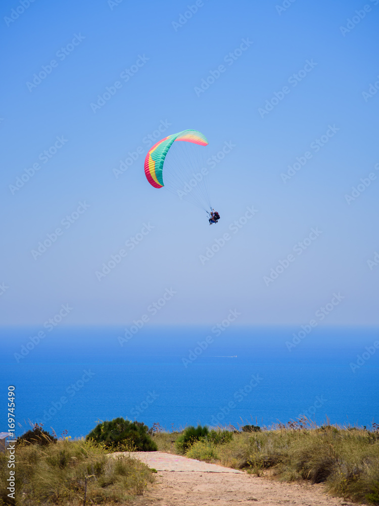 Flying tandem paragliders in the sky over the sea and near the mountains, beautiful sea view 06 Flying tandem paragliders in the sky over the sea and near the mountains, beautiful sea view 06