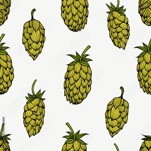 Seamless pattern with green hops. Vector illustration.